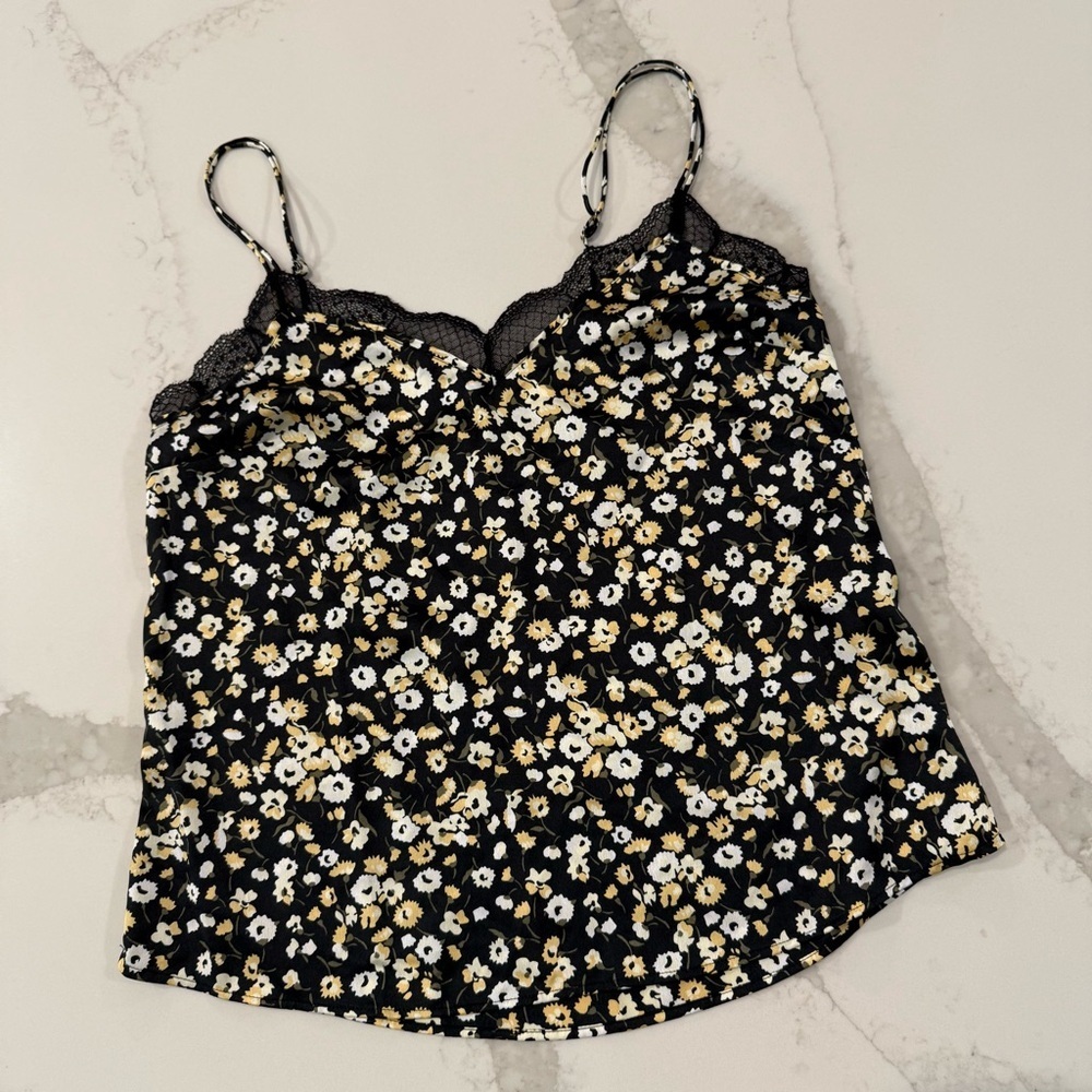 Abercrombie & Fitch Floral Lace Trim Silky Cami Tank Top Women’s Medium Black